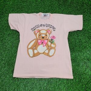 Vintage 90s Teddy-Bear Flower Shirt Womens M/L 19x24 Pink